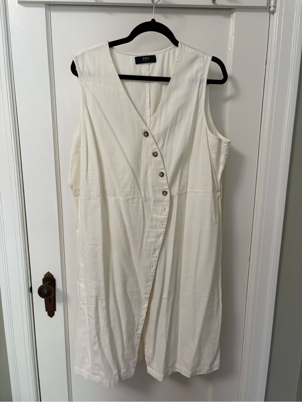 Able Cream Sleeveless Midi Dress with Asymmetric Button Front